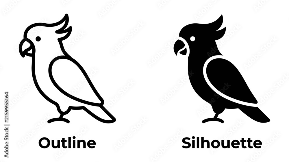 Fototapeta premium Cockatoo Icon: A minimalist outline and silhouette icon of a cockatoo, representing a tropical bird and available for various design applications.