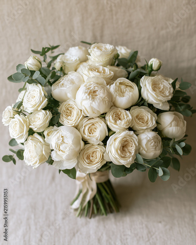 Minimalist bridal bouquet flat lay with cream roses and greenery.