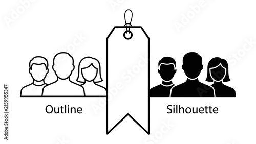 Bild auf Leinwand Outline and Silhouette People Figures with Tag: A graphic illustration comparing outline and silhouette figures of people on either side of a large, empty tag, representing choice, identity