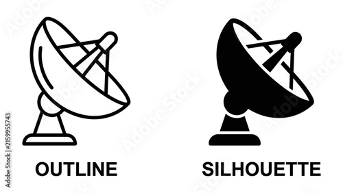 Bild auf Leinwand Satellite Dish Icons: A set of two satellite dish icons, one in outline style and the other as a solid silhouette, representing communication technology and signal reception