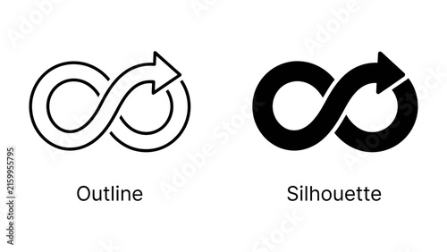 Infinity Symbol, Outline and Silhouette: Two representations of the infinity symbol, one in outline and the other as a solid silhouette, depict the concept of endlessness and continuity.