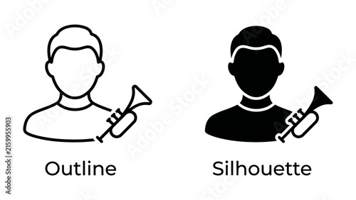 Photography Musical Icon Set: A collection of graphic icons depicting a musician, presented in both outline and silhouette forms, ready to represent music, performance, or an artist