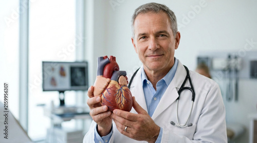 Doctor Holds Anatomical Heart Model, Medical Expertise