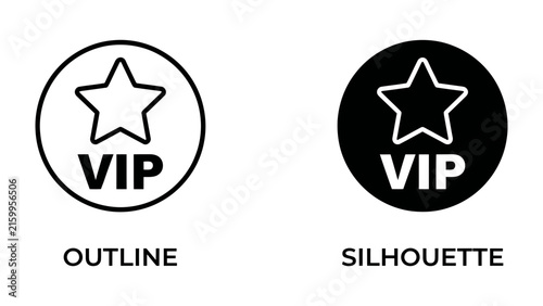 Foto VIP Icon Outline and Silhouette: Two circular icons, one outlined and one silhouetted, both featuring a prominent star and the bold text VIP, represent exclusivity and special status