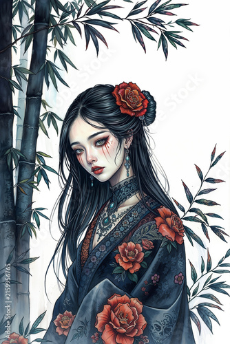 intricate illustration of fantasy princess, asian woman with long black hair, red marks under her eyes, standing among bamboo stalks in dark patterned garment