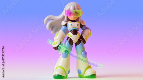 A stylized 3D illustration of a white-haired anime girl character wearing a futuristic white, blue, and green armored suit and a visor, holding a bright glowing translucent sword.