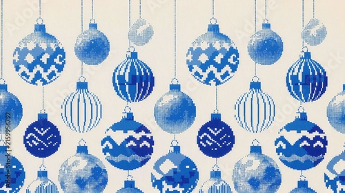 Background of blue and white Christmas ornaments with geometric and pixelated textured hanging on strings