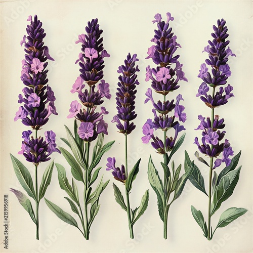 vintage stylized botanical illustration featuring five tall stems of purple lavender flowers with green leaves, against aged paper background