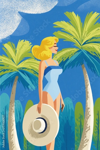 retro stylized illustration of blonde woman in blue swimsuit standing with sun hat between palm trees on tropical beach