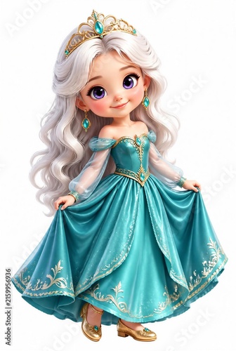 3D stylized cute little princess with long white hair and purple eyes, wearing teal ballgown, golden shoes and tiara, isolated on white background