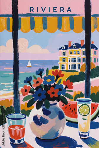 artistic travel poster of Riviera coastal scene with vase of flowers, fruit, and drinks on table overlooking the sea with sailboat and villa