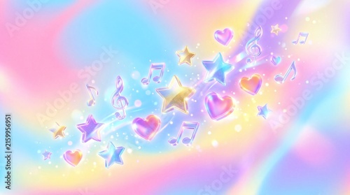pastel gradient cute background featuring floating iridescent hearts, stars, musical notes, and confetti amidst soft clouds and sparkles