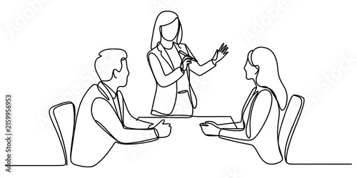 Continuous line drawing of a business meeting with a presenter
