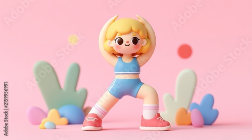 cute 3D cartoonish girl in blue sports outfit doing gym exercise against pink background with abstract pastel shapes