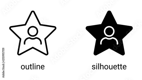 Obraz na plátne Star Icon with Person Outline and Silhouette: Two star icons, one outlined and one filled silhouette, each featuring a simple person icon inside, representing user profiles, favorites, or ratings