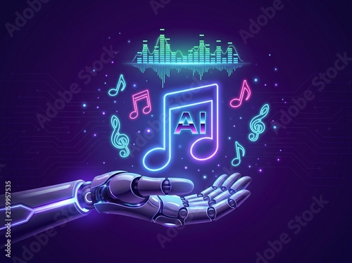 Robotic Hand Holding Neon Musical Notes and Digital Sound Wave Equalizer, Artificial Intelligence Music Generation Concept