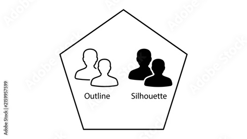 Принти на полотні Abstract Representation of Diversity: A pentagon shape contains two white outline figures and two black silhouette figures, symbolizing contrast and different perspectives within a group
