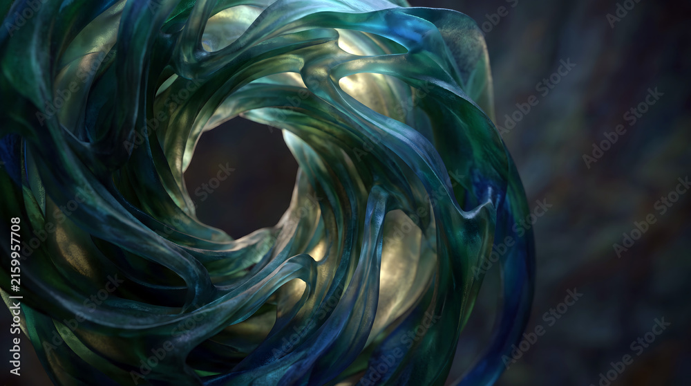 Obraz premium Abstract swirling vortex of translucent teal and blue ribbons surrounding a glowing golden sphere
