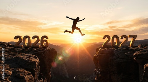 Silhouette of person leaping across a canyon gap from the year 2026 to 2027 during a golden sunset with bathed warm glow sunset person jumping between cliffs marked years twenty seven between two