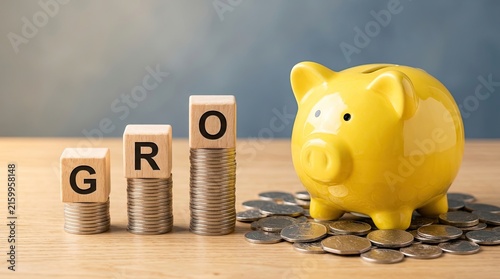 Financial growth concept with yellow piggy bank with displays yellow ceramic wooden blocks spelling growth coins achievement investment prosperity lettering business economic earnings wealth with save