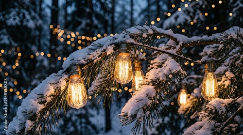 Winter pine branch illuminated by vintage edison bulb string lights covered in snow with adorned glowing vintage close snow illumination countryside celebration atmosphere decoration christmas