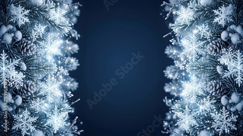 Festive winter scene with fir branches snowflakes pine cones and snow against deep blue background for holiday design with glowing snowflakes floral pattern christmas tree frosty pine new year