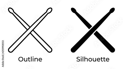 Obraz na plátně Drumsticks Outline and Silhouette: A simple graphic featuring two crossed drumsticks in both outline and silhouette form, representing music and rhythm