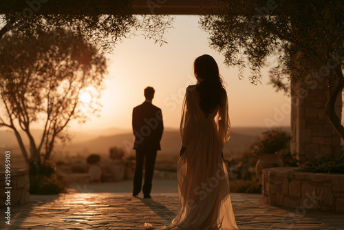 Bride silhouette at sunset in flowing silk dress.