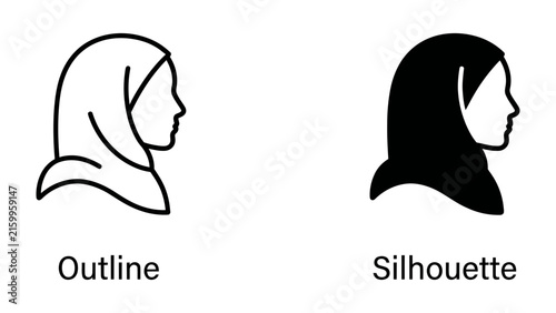 Foto Woman in Hijab Icons: Simple line art and solid silhouette icons depicting the profile of a woman wearing a hijab, representing modesty and cultural identity