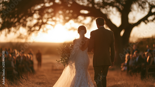 Bride walking down aisle at sunset outdoor wedding ceremony.