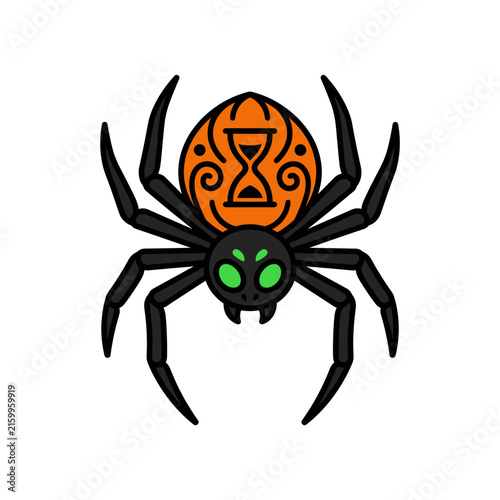 Spooky Halloween Spider with Orange Hourglass Web Design Isolated on White Background