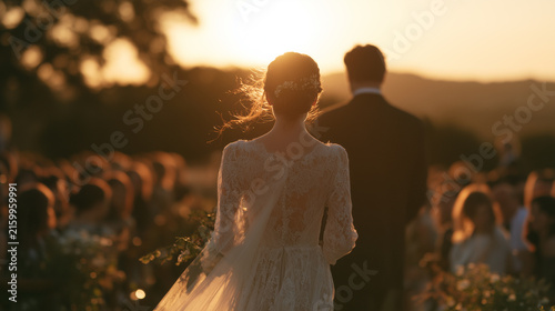 Bride walking down aisle during outdoor wedding ceremony.