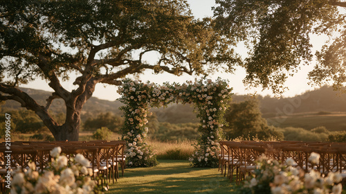 Outdoor wedding ceremony arch with floral decorations.