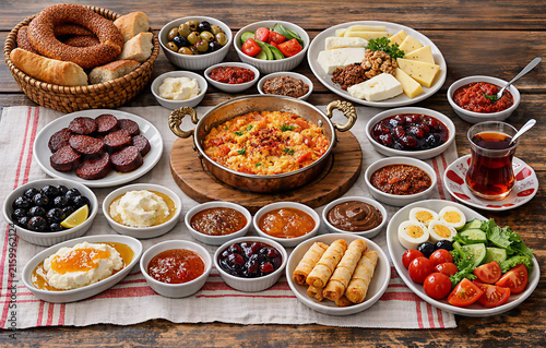 Turkish Breakfast Spread with Simit, Menemen, Sucuk, Cheese, Olives, Honey and Turkish Tea on Rustic Wooden Table