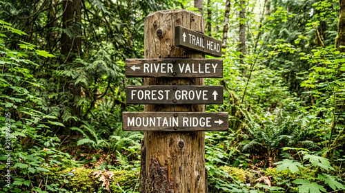 Forest Trail Signpost: River Valley, Forest Grove, Mountain Ridge, Trail Head