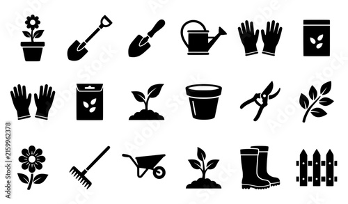 Gardening plant and flower black vector icon collection with garden tools nature and growth symbols