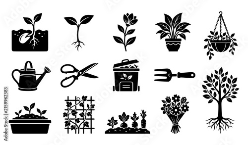 Garden plant growth and nature black vector symbol set with seedlings flowers and gardening tools