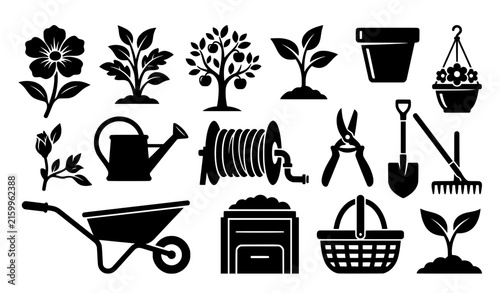 Outdoor gardening and plant growth black vector collection with flowers tools pots and botanical elements