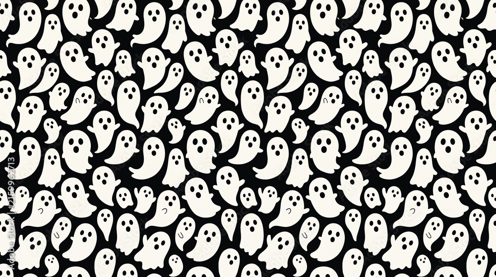 Seamless repeating pattern of cute cartoon ghosts on a black background perfect for spooky halloween designs and textiles