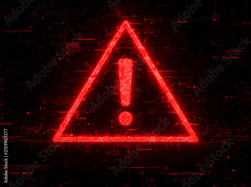 Glowing red warning sign symbol depicting cyber security threat digital glitch alert and system crash error icon