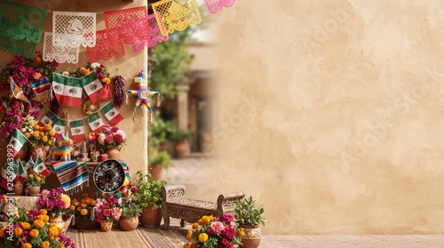 Mexican Independence Day festive background with Mexican flags, papel picado, colorful decorations, chili peppers, limes, marigold flowers, sombrero and traditional ornaments, with large copy space.