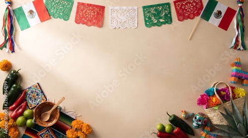 Mexican Independence Day festive background with Mexican flags, papel picado, colorful decorations, chili peppers, limes, marigold flowers, sombrero and traditional ornaments, with large copy space.