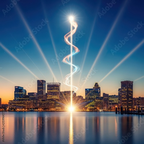 City skyline at dusk with DNA helix and radiant light beams reflecting on water.