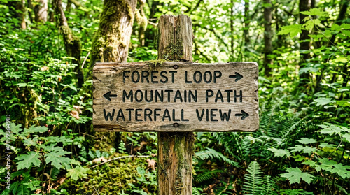 Rustic wooden signpost in lush green forest with trail directions