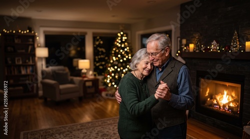 Elderly couple dancing romantically by a fireplace and Christmas tree celebrating New Year 2027