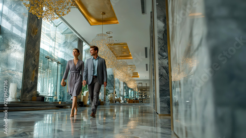 Couple walking in luxurious lobby, elegant and successful