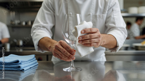 Restaurant staff polishing wine glass in commercial kitchen, hygiene and hospitality service