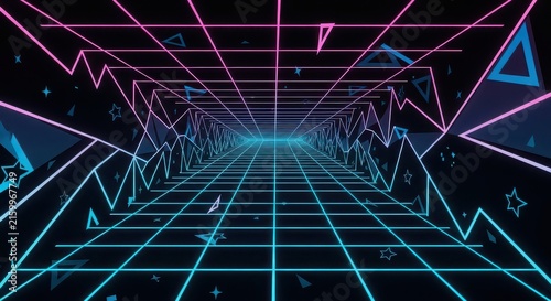 Futuristic digital grid tunnel with neon lights and geometric shapes in dark.