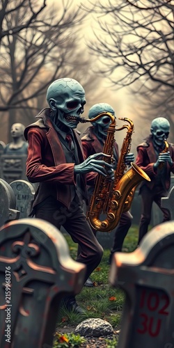 Saxophone-wielding zombie band playing jazzy tunes amidst graveyard tombstones, jazz, Halloween