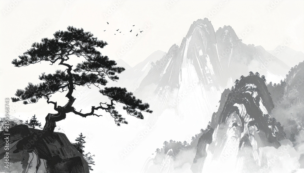 Naklejka premium Japanese Ink Mountain Landscape Generative AI
